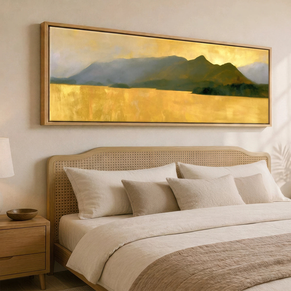 Catbells Silhouette in Luminous Gold Lake District Fell panoramic canvas wall art displayed above a bed