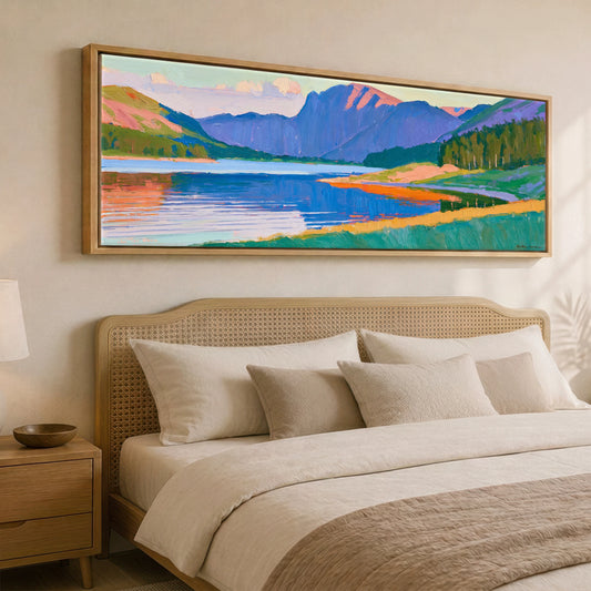 Vibrant Fells of Crummock Water Lake District Lake panoramic canvas wall art displayed above a bed