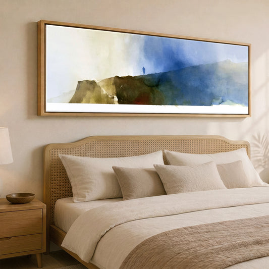 Striding Edge Fell Walker Silhouette Lake District Walking panoramic canvas wall art displayed above a bed