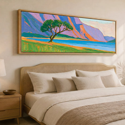 Vibrant Crummock Water Fells Lake District Lake panoramic canvas wall art displayed above a bed
