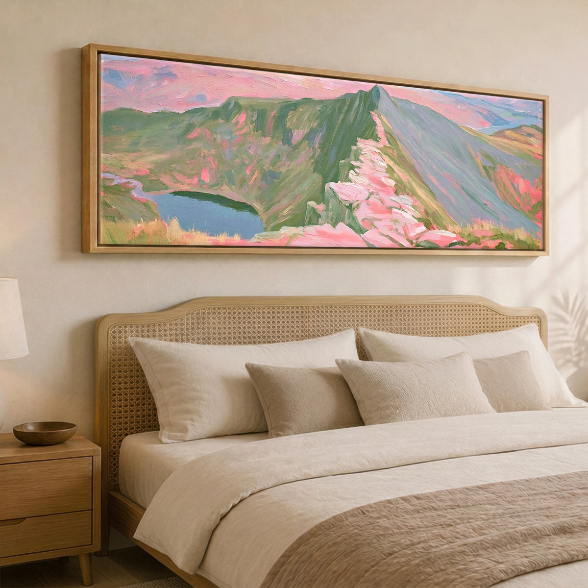 Pastel Light on Striding Edge Lake District Walking panoramic canvas wall art displayed above a bed
