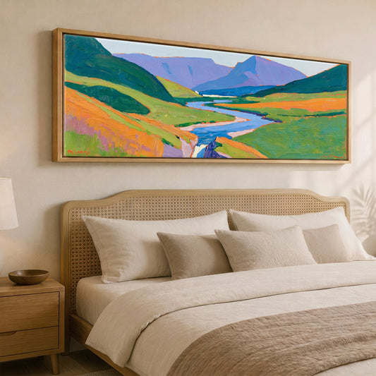 Winding River and Purple Fells Lake District Waterfall panoramic canvas wall art displayed above a bed