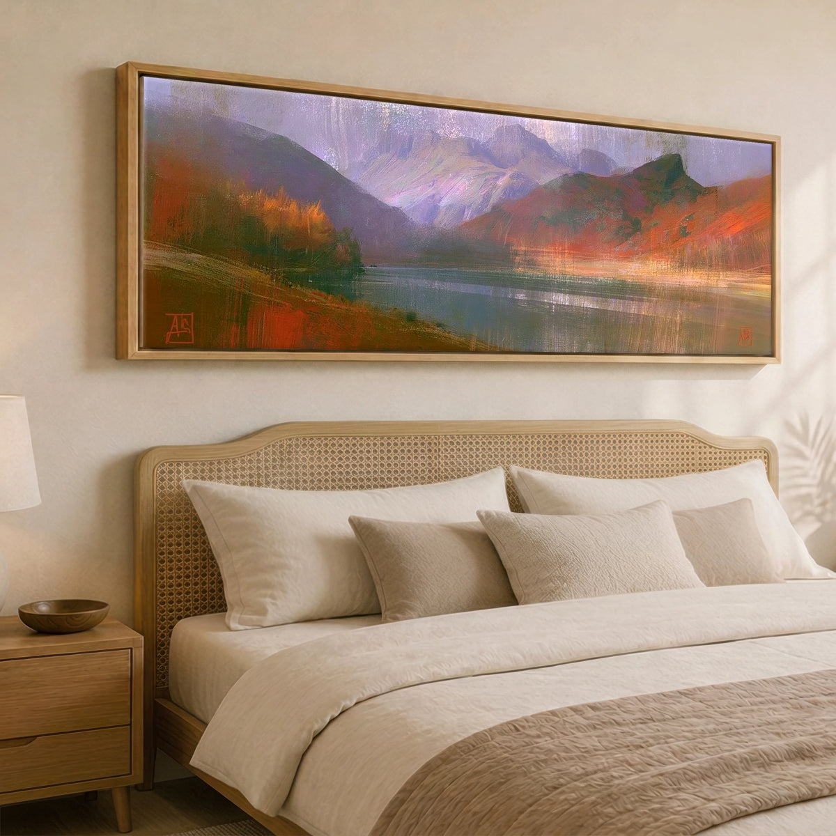 Autumn Colours at Blea Tarn Lake District Lake panoramic canvas wall art displayed above a bed