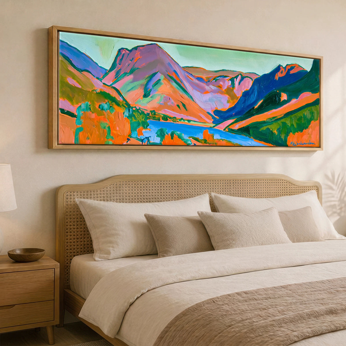 Vibrant Sunset over Buttermere Valley Lake District Lake panoramic canvas wall art displayed above a bed