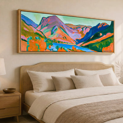 Vibrant Sunset over Buttermere Valley Lake District Lake panoramic canvas wall art displayed above a bed