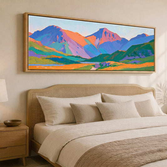 Scafell Pike in Vivid Colour Lake District Fell panoramic canvas wall art displayed above a bed