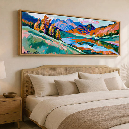 Vibrant Autumn Larches at Blea Tarn Lake District Lake panoramic canvas wall art displayed above a bed