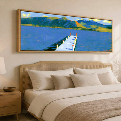 Derwentwater Jetty in Vibrant Light Lake District Lake panoramic canvas wall art displayed above a bed