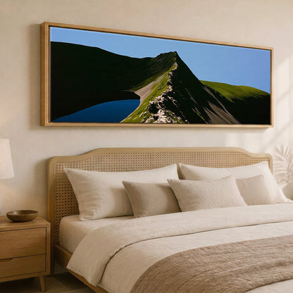 Dramatic Shadows on Striding Edge Helvellyn Lake District Walking panoramic canvas wall art displayed above a bed