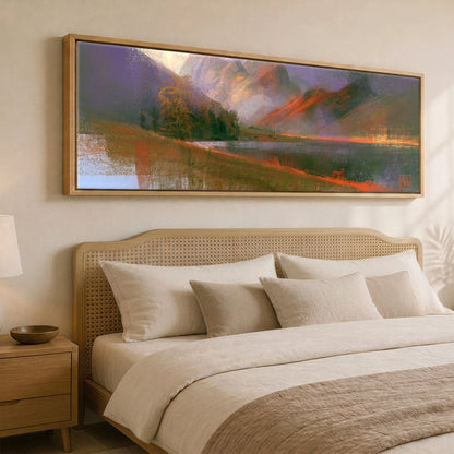 Autumn Light on Blea Tarn Lake District Lake panoramic canvas wall art displayed above a bed