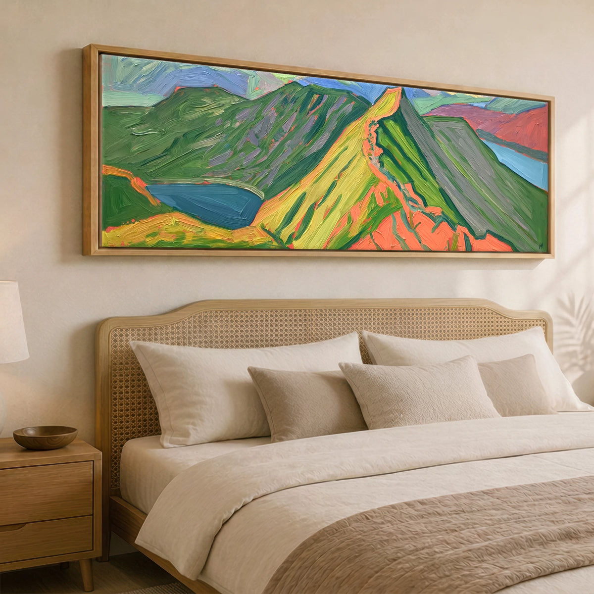 Vivid Striding Edge and Helvellyn Lake District Walking panoramic canvas wall art displayed above a bed