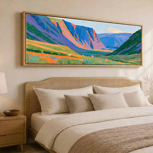 Vivid Kirkstone Pass Valley Lake District Valley panoramic canvas wall art displayed above a bed