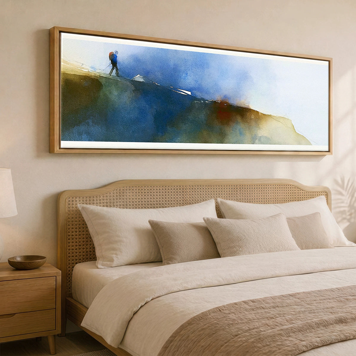 Fell Walker on Moody Striding Edge Lake District Walking panoramic canvas wall art displayed above a bed