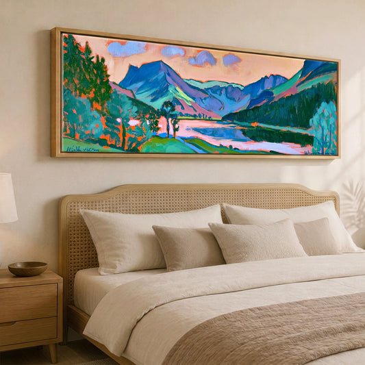 Vibrant Sunset Glow over Buttermere Lake District Lake panoramic canvas wall art displayed above a bed