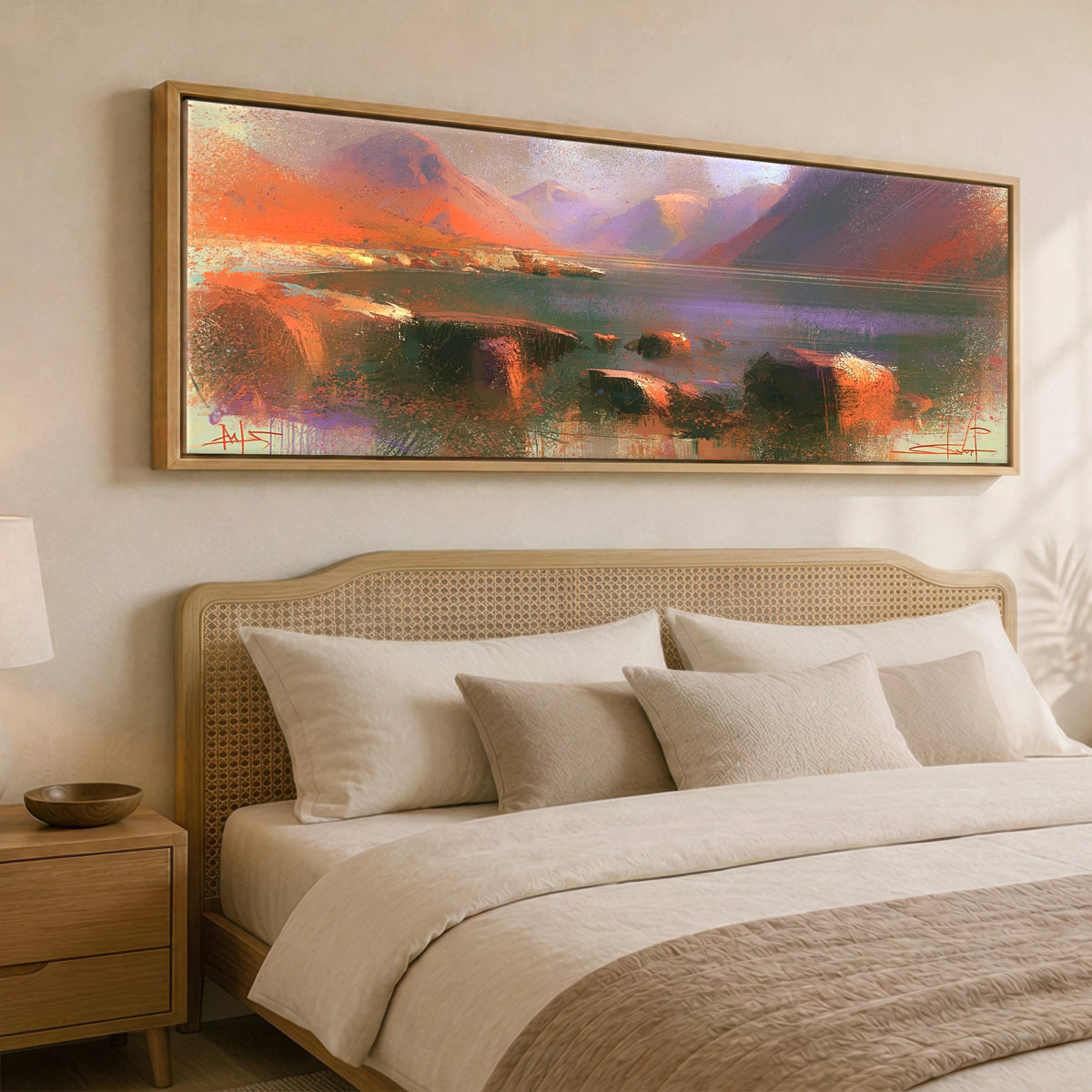 Wastwater and Great Gable Sunset Lake District Lake panoramic canvas wall art displayed above a bed