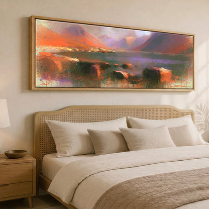 Wastwater and Great Gable Sunset Lake District Lake panoramic canvas wall art displayed above a bed