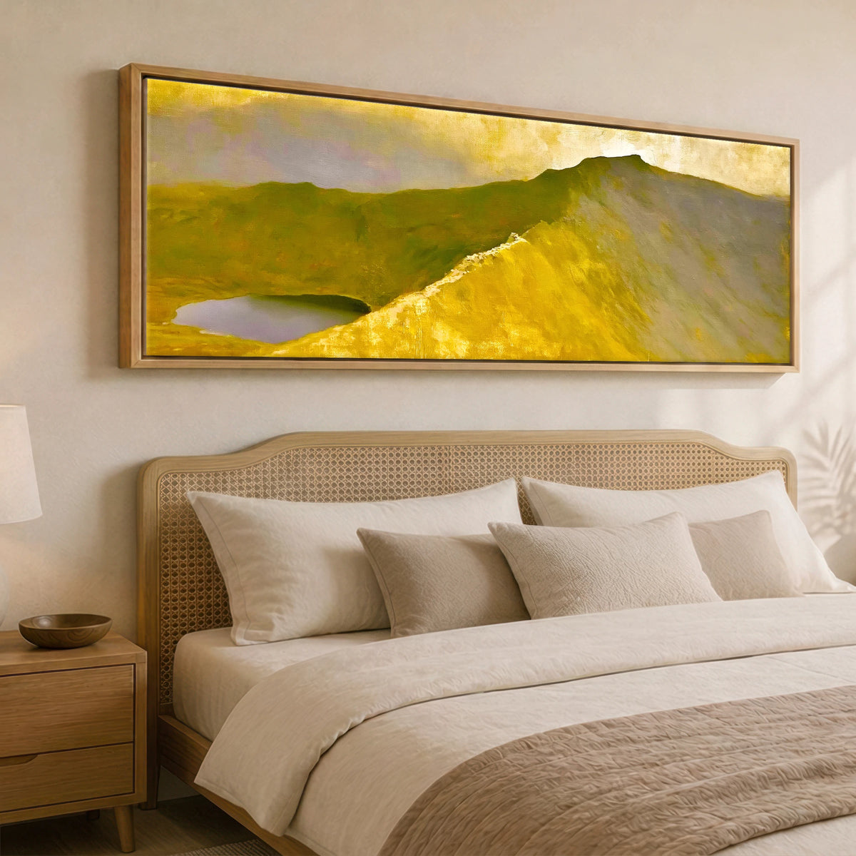 Striding Edge in Golden Light Lake District Walking panoramic canvas wall art displayed above a bed