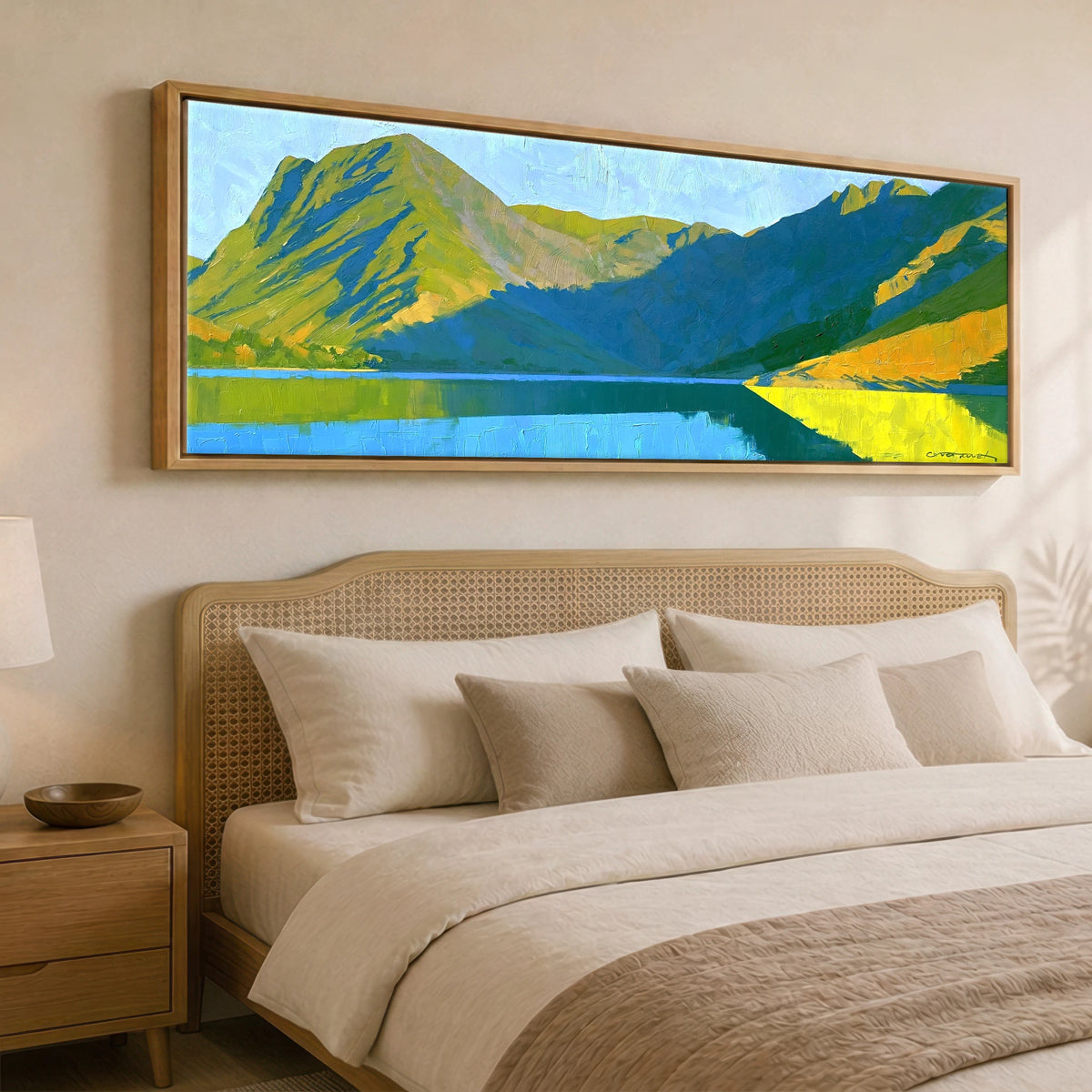 Sunlight and Shadow on Wast Water Screes Lake District Lake panoramic canvas wall art displayed above a bed