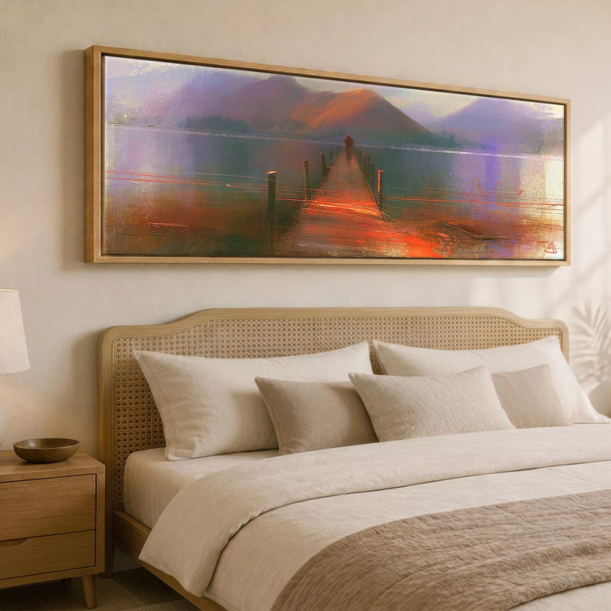 Derwentwater Jetty under Violet Fells Lake District Lake panoramic canvas wall art displayed above a bed
