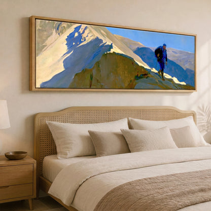Walker on Sunlit Striding Edge Lake District Walking panoramic canvas wall art displayed above a bed