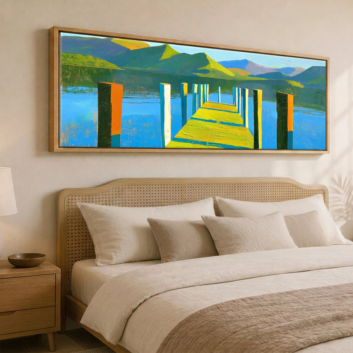 Sunlit Jetty and Vibrant Lakeland Fells Lake District Lake panoramic canvas wall art displayed above a bed