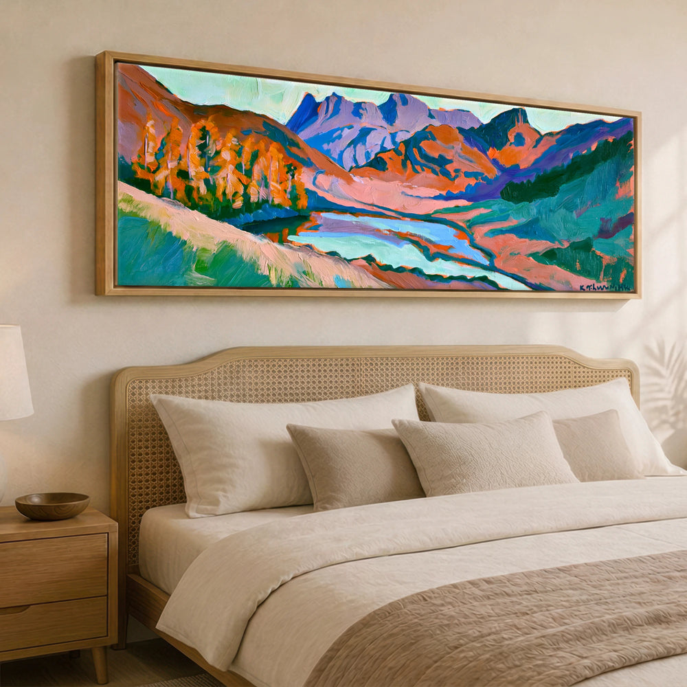 Vibrant Langdale Pikes and Blea Tarn Larches Lake District Lake panoramic canvas wall art displayed above a bed
