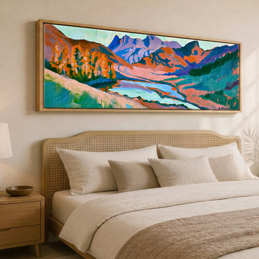 Vibrant Langdale Pikes and Blea Tarn Larches Lake District Lake panoramic canvas wall art displayed above a bed