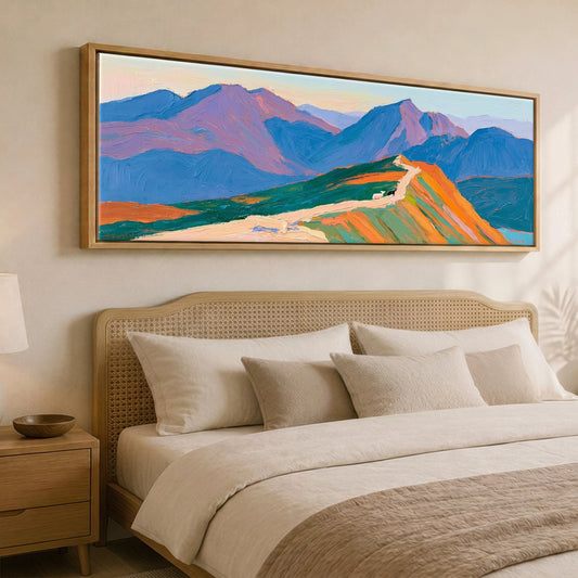 Vibrant Helvellyn Ridgeline Lake District Fell panoramic canvas wall art displayed above a bed
