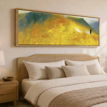 Golden Ridge Walk on Striding Edge Lake District Walking panoramic canvas wall art displayed above a bed