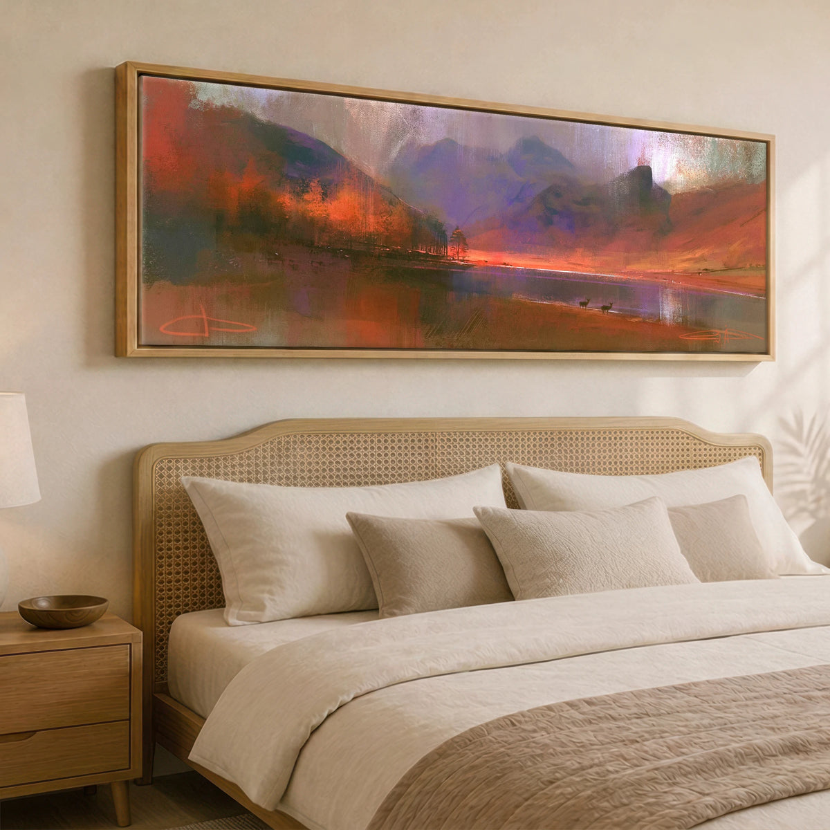 Autumn Larches at Blea Tarn Lake District Lake panoramic canvas wall art displayed above a bed