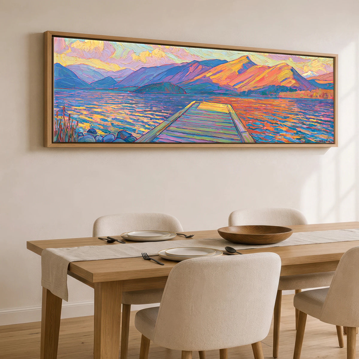 Golden Light over the Lakeside Jetty Lake District Lake panoramic canvas wall art displayed above a dining table