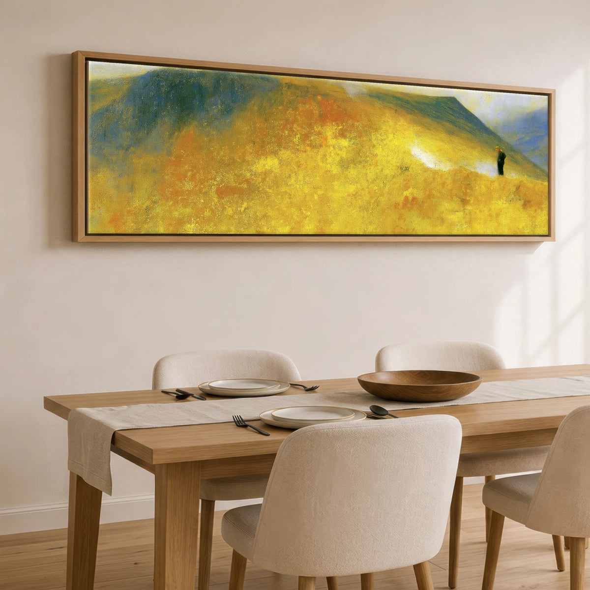 Golden Ridge Walk on Striding Edge Lake District Walking panoramic canvas wall art displayed above a dining table