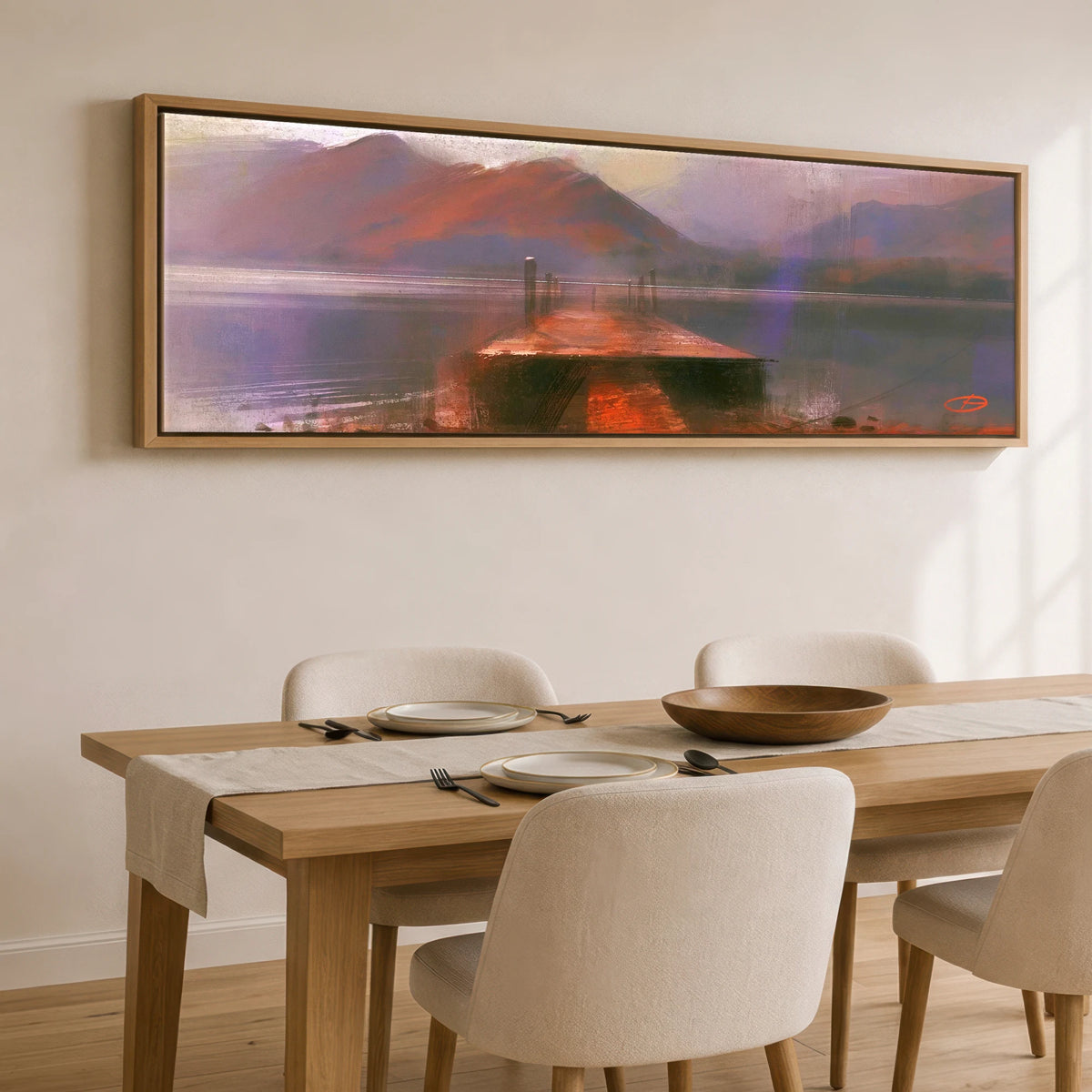 Derwentwater Jetty in Violet Haze Lake District Lake panoramic canvas wall art displayed above a dining table