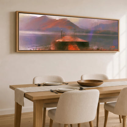 Derwentwater Jetty in Violet Haze Lake District Lake panoramic canvas wall art displayed above a dining table