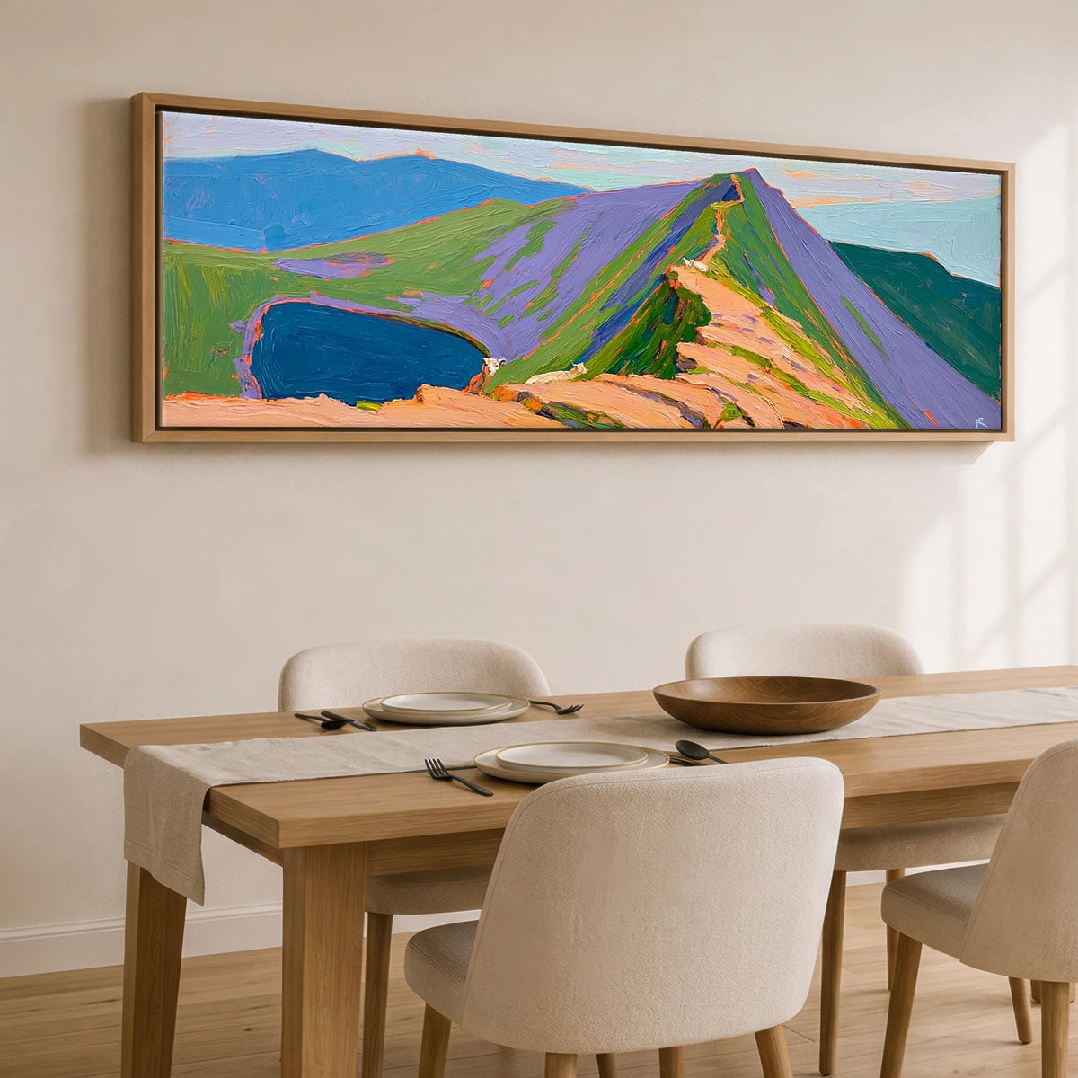 Vivid Striding Edge to Helvellyn Lake District Walking panoramic canvas wall art displayed above a dining table