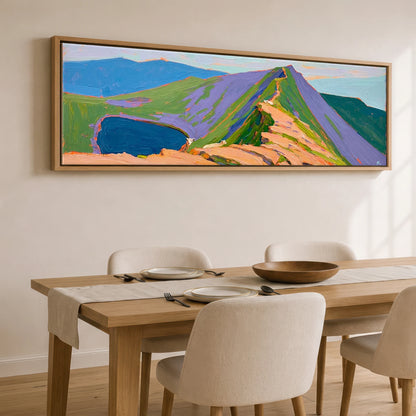 Vivid Striding Edge to Helvellyn Lake District Walking panoramic canvas wall art displayed above a dining table