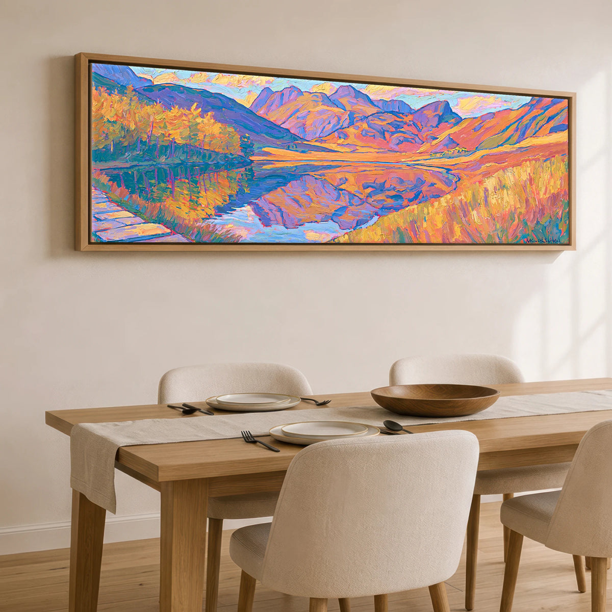 Amber Light Over Blea Tarn Lake District Lake panoramic canvas wall art displayed above a dining table