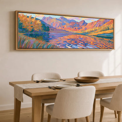 Vibrant Autumn Lakeland Tarn at Sunset Lake District Lake panoramic canvas wall art displayed above a dining table