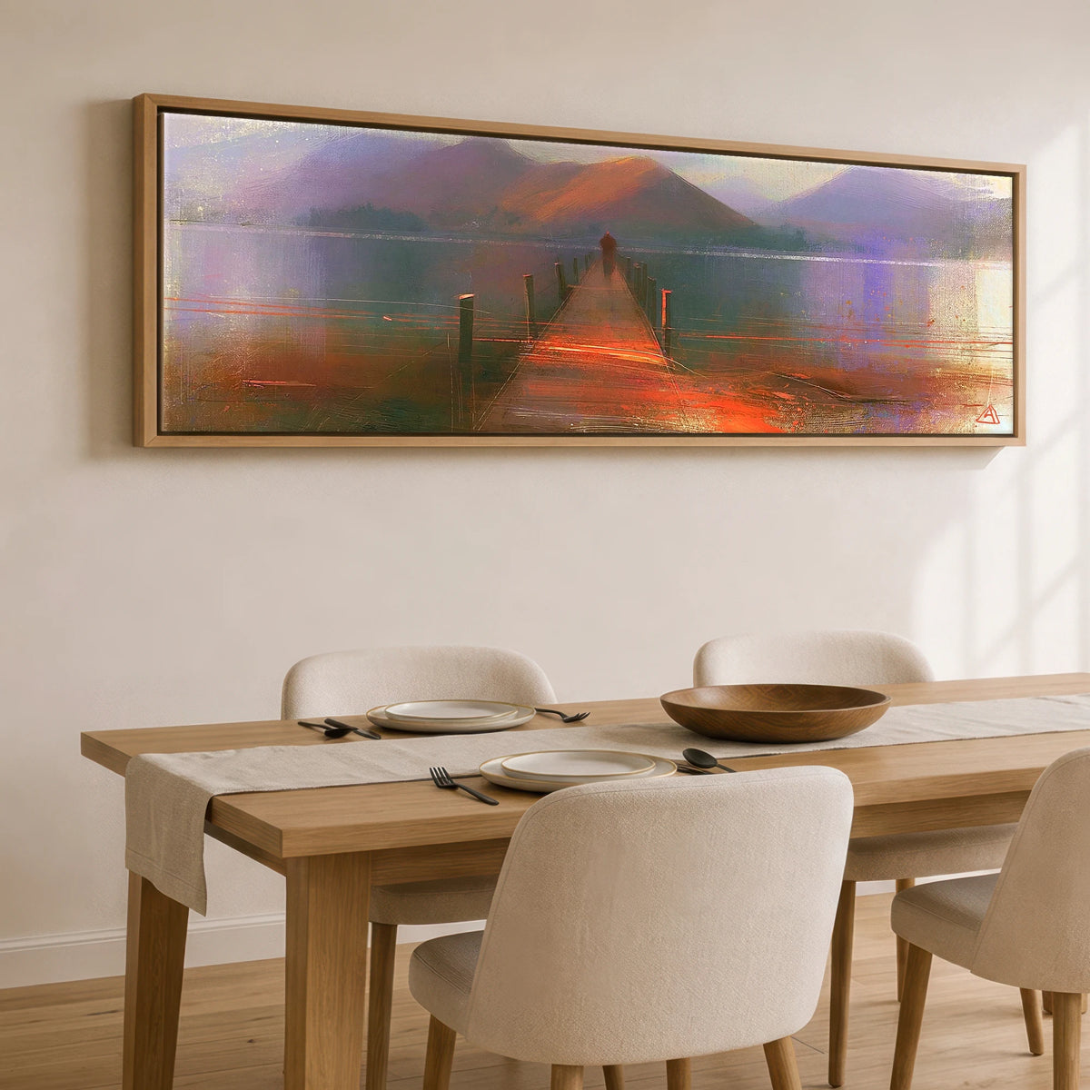 Derwentwater Jetty under Violet Fells Lake District Lake panoramic canvas wall art displayed above a dining table