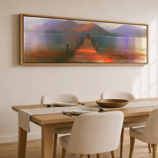Derwentwater Jetty under Violet Fells Lake District Lake panoramic canvas wall art displayed above a dining table