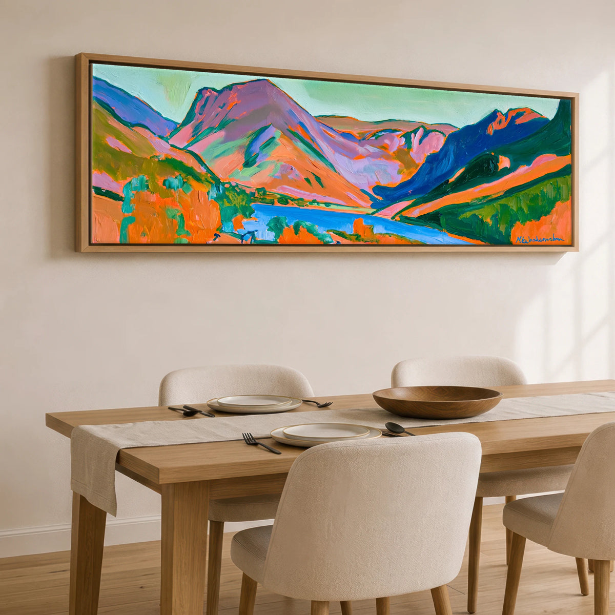 Vibrant Sunset over Buttermere Valley Lake District Lake panoramic canvas wall art displayed above a dining table