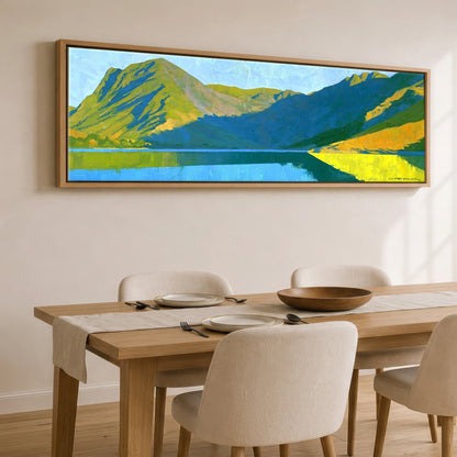 Sunlight and Shadow on Wast Water Screes Lake District Lake panoramic canvas wall art displayed above a dining table