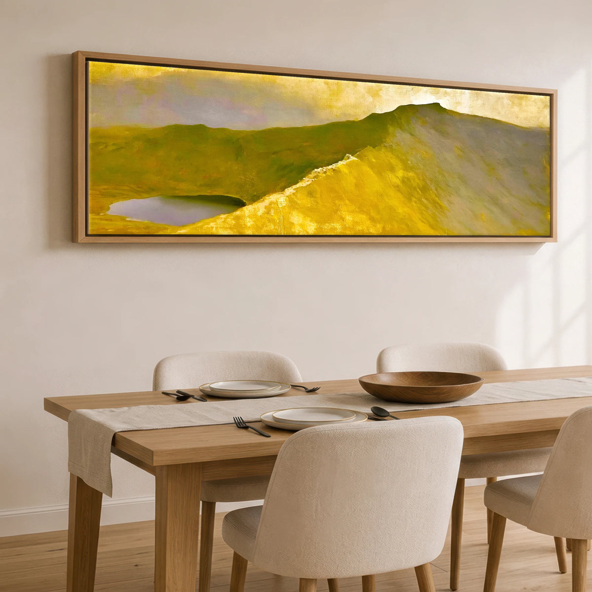 Striding Edge in Golden Light Lake District Walking panoramic canvas wall art displayed above a dining table