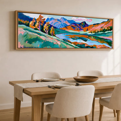 Vibrant Autumn Larches at Blea Tarn Lake District Lake panoramic canvas wall art displayed above a dining table