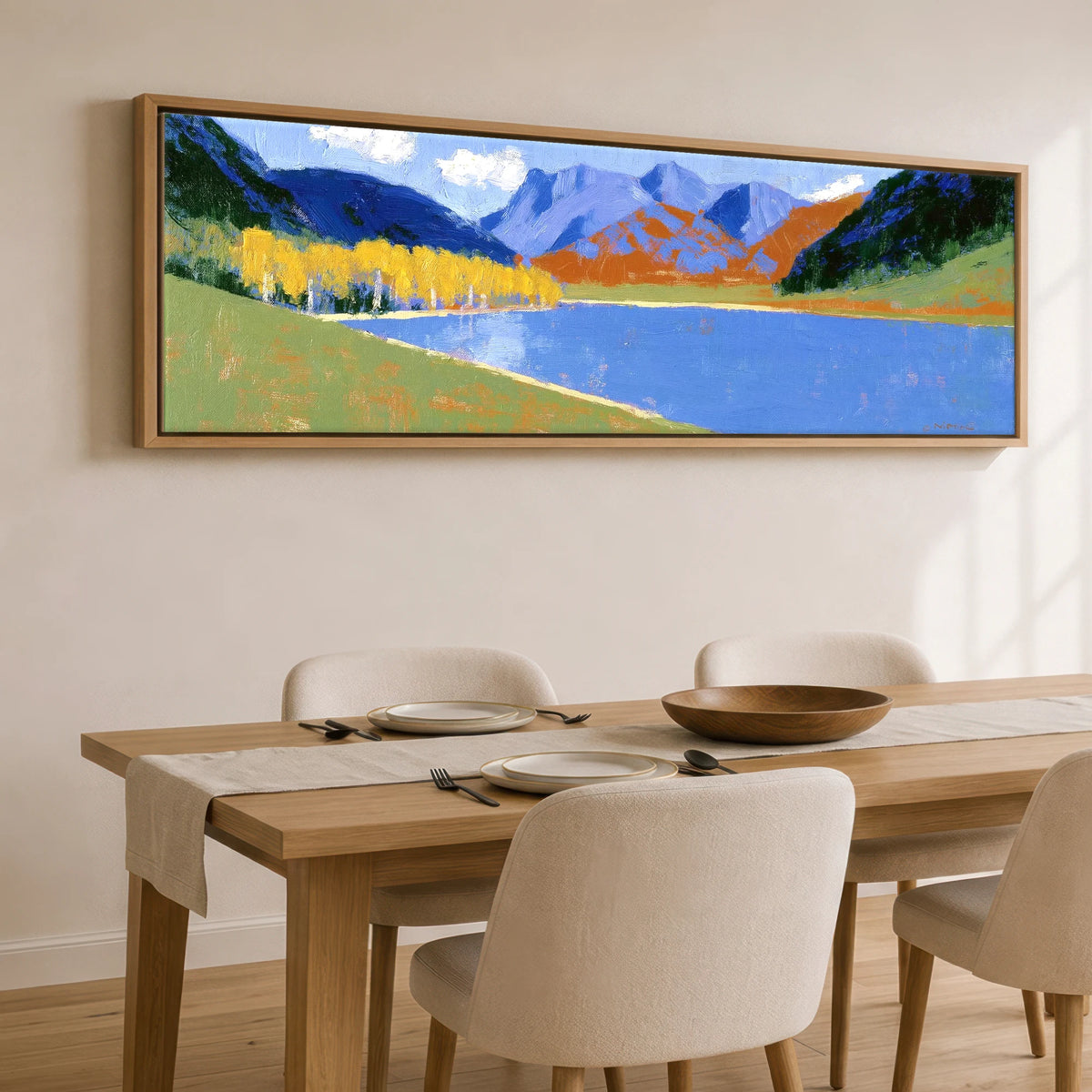 Bold Autumn Colours at Blea Tarn Lake District Lake panoramic canvas wall art displayed above a dining table