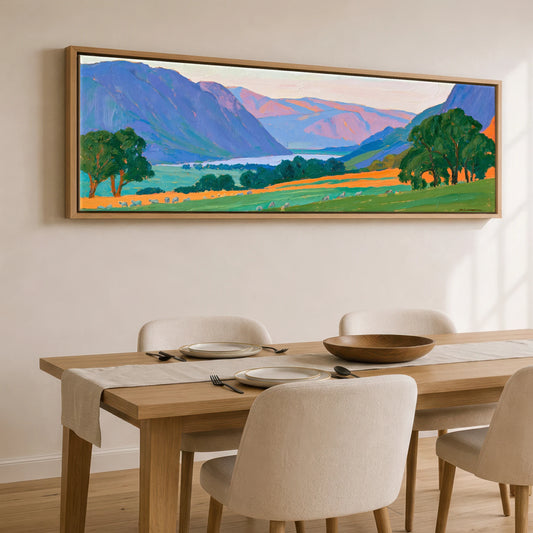 Vibrant Fells of Borrowdale Lake District Valley panoramic canvas wall art displayed above a dining table