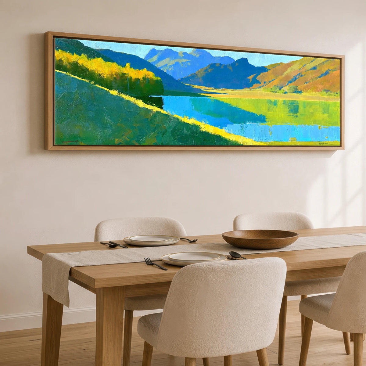 Sunlight and Blue Shadows over Buttermere Lake District Lake panoramic canvas wall art displayed above a dining table