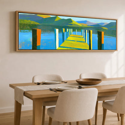 Sunlit Jetty and Vibrant Lakeland Fells Lake District Lake panoramic canvas wall art displayed above a dining table