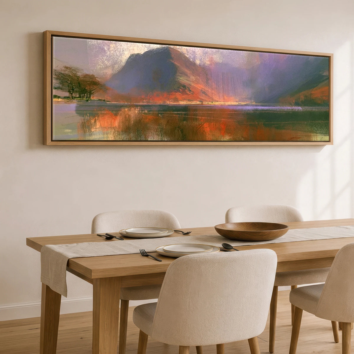 Violet Fells Above Buttermere Lake District Lake panoramic canvas wall art displayed above a dining table