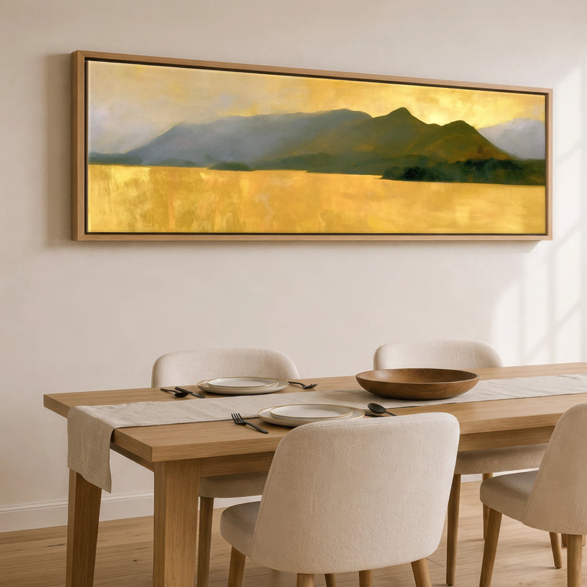 Catbells Silhouette in Luminous Gold Lake District Fell panoramic canvas wall art displayed above a dining table